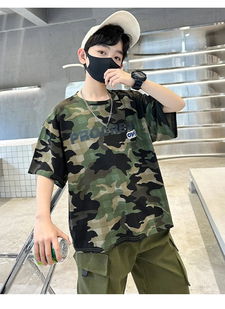 Kids Summer Set Causal Camouflage Sportswear Two Piece Clothing Set for Teenage Boy Short Sleeve T-shirt Shorts Tracksuit Outfit