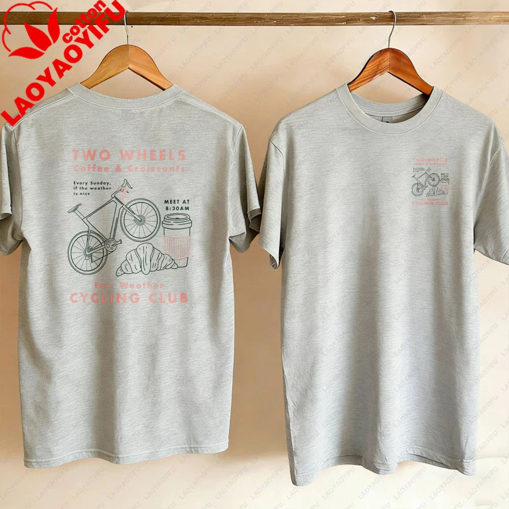 Cycling Club Cropped T-Shirt Hand-Drawn Bike Coffee & Croissants Graphic T Shirts Oversized T Shirt High Quality Cotton Tops Tee