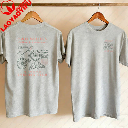 Cycling Club Cropped T-Shirt Hand-Drawn Bike Coffee & Croissants Graphic T Shirts Oversized T Shirt High Quality Cotton Tops Tee