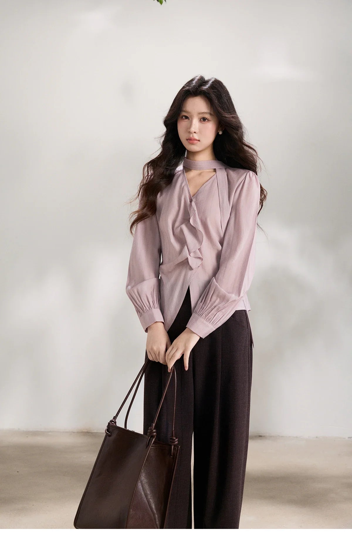 Women's Purple Sweet Shirts 2026 Spring Ribbon V-Neck Ruffled Asymmetrical Shirt Back Lace-up Waist Casual Top MXF13X2527