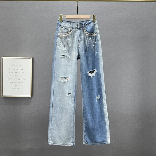 High Waist Wide Leg Jeans Women's Summer Loose Slimming Diamond Embedded Long Pants Break Hole Denim Pants Hong Kong Sle ...