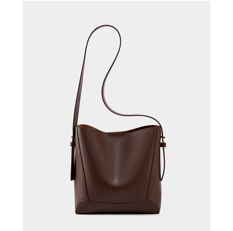 Ladies' Split Leather Bucket Shoulder Bags Female Commute Shopping Messenger Bags Adjustable Shoulder Strap Women Casual Handbag