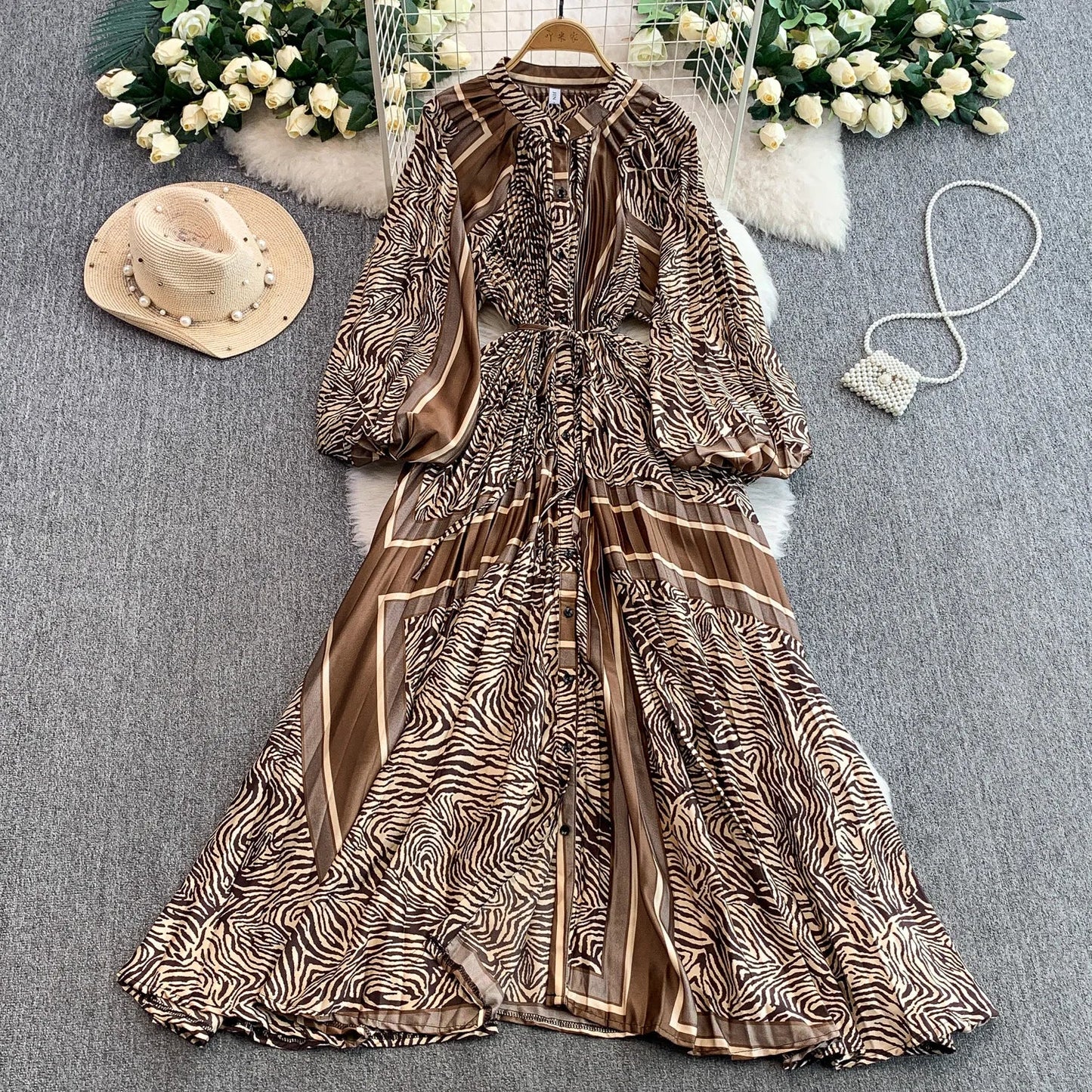 Ele Printed round Ne Lantern Sve Dr Women's Single Button Waist Cinch Maxi Skirt Long Dr Commute Sle Autumn