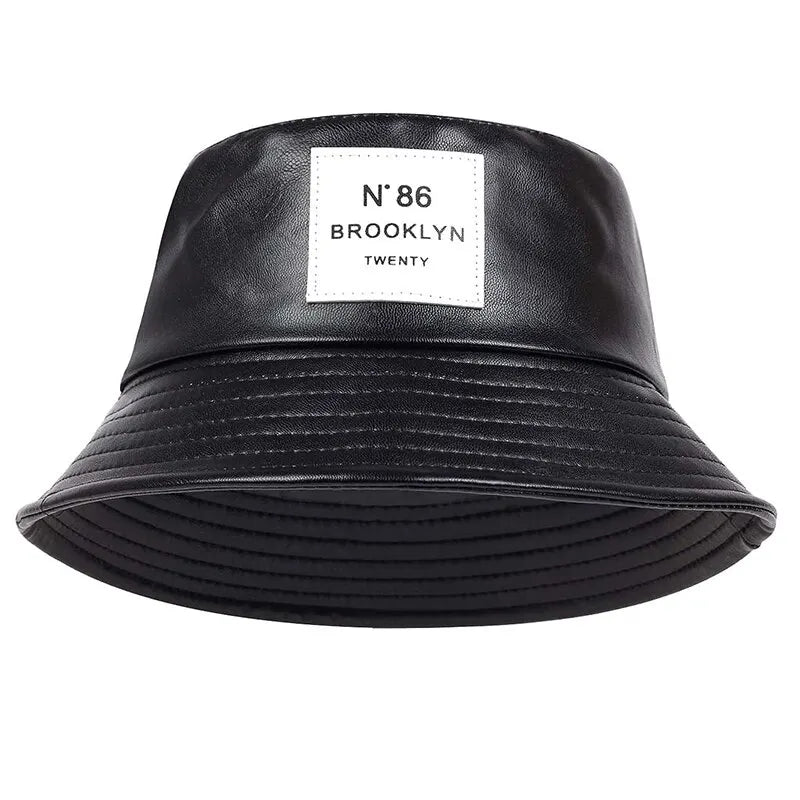 Unisex N86 Label Personality Pu Leather Bucket Hats Fishermen Caps Outdoor Casual Cap Sunscreen Hat