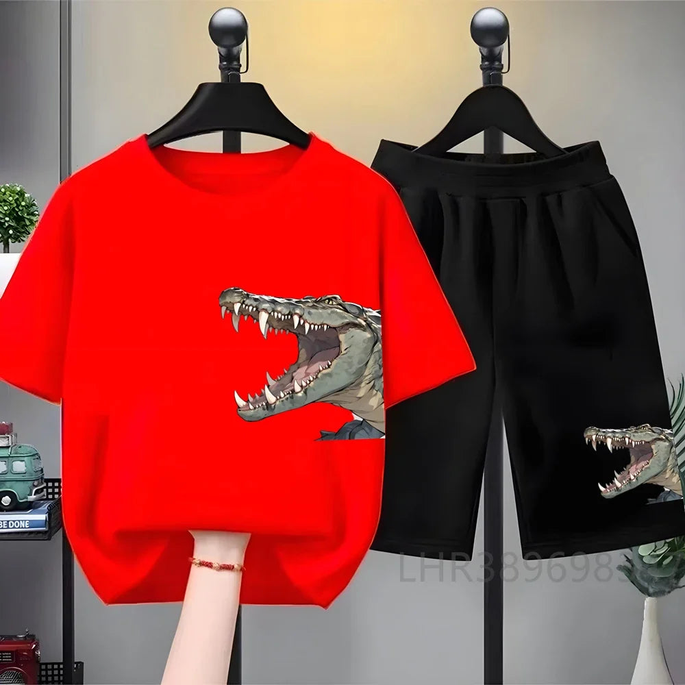 Children Tees Crocodile Head Black Suitable Girls Boy Tshirt+Shorts Kids Set Short Sleeve For Ages 3 And Up Summer Clothing
