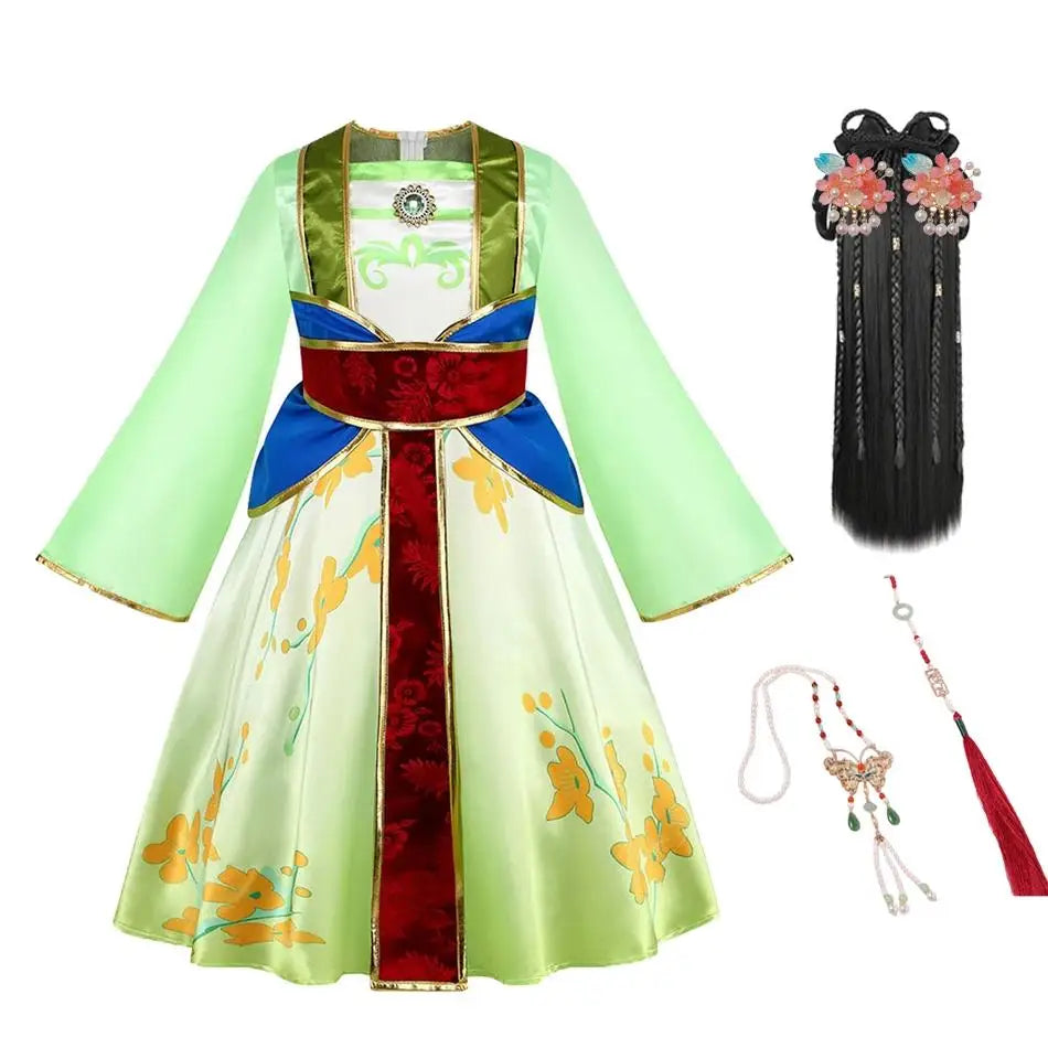 Mulan Cosplay Costume Girl Chinese-style Long-sleeved Hanfu with Hair Accessories Necklace Halloween Girl Hero Costume