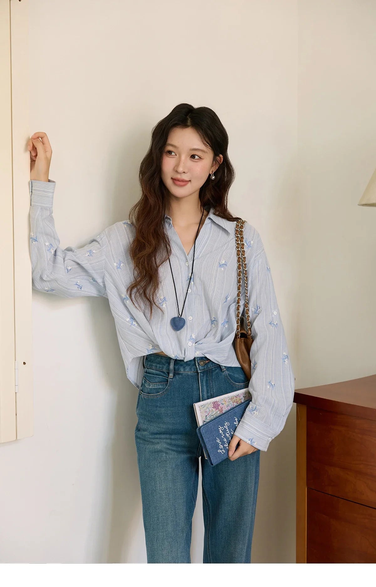 Long Sleeve Shirts for Woman 2025 Autumn Retro Blue Single-breasted Blouse Floral Embroidery Casual Tops MXE45X2495