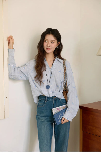 Long Sleeve Shirts for Woman 2025 Autumn Retro Blue Single-breasted Blouse Floral Embroidery Casual Tops MXE45X2495