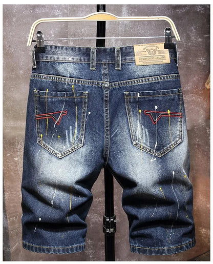 Vintage Short Jeans Men 2024 Summer New Ripped Hip Hop Graffiti Male Denim Shorts Streetwear Hole Knee Length Pants