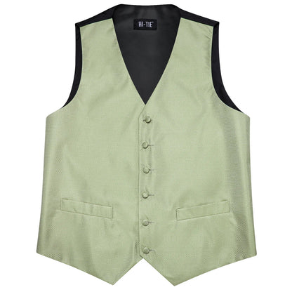 Silk Mens Suit Vests 4PC Woven Sage Green Solid Waistcoat Tie Pocket Square Cufflinks Business Wedding Dress Waist Jacket