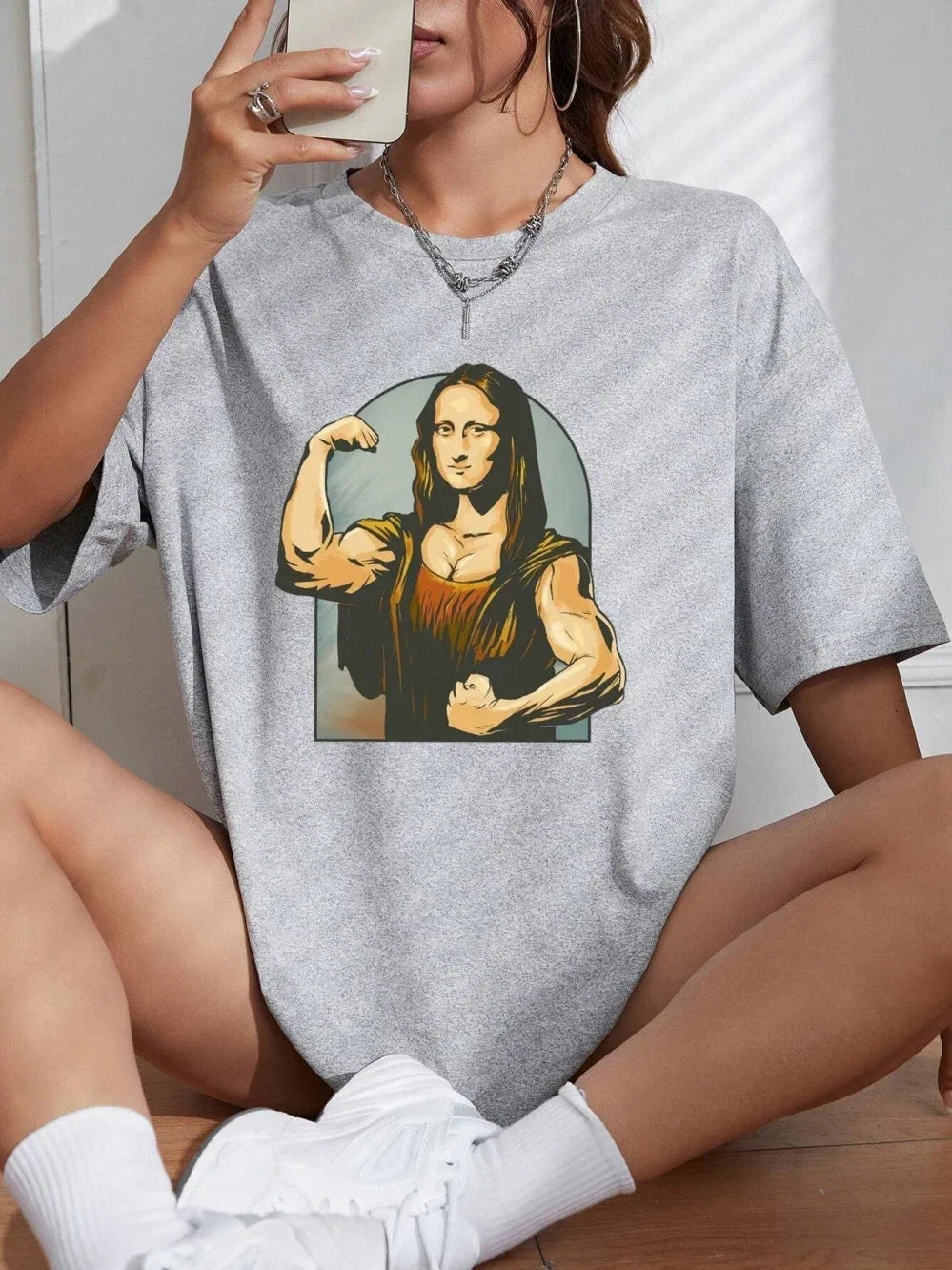 Playing Pranks on Mona Lisa Fitness Print Womens T Shirt Casual T-Shirt Casual Short Sleeve Loose Tshirt