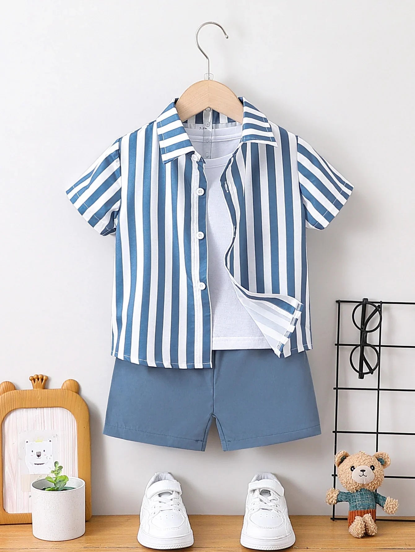 2pcs Summer Boys Blue & White Striped Shirt Set, Soft Style, Daily/Party Wear, Suitable for 1‑4Y, Breathable Fabric