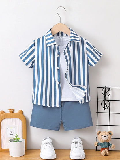 2pcs Summer Boys Blue & White Striped Shirt Set, Soft Style, Daily/Party Wear, Suitable for 1‑4Y, Breathable Fabric