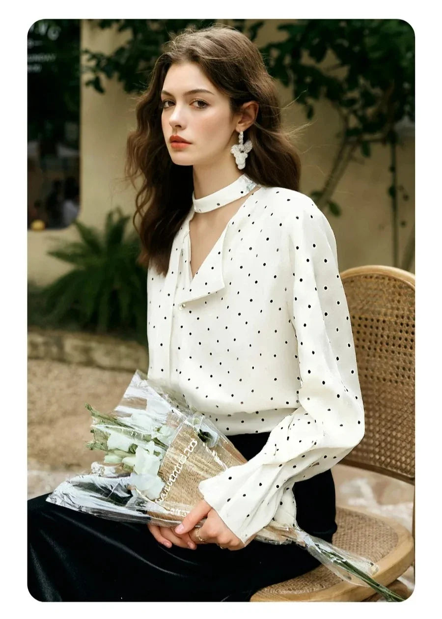 Woman Chiffon Blouse French Style 2026 Spring Elegant Polka Dot Ladies Top Bow Tie Neck Long Sleeve Shirts O58CC002535