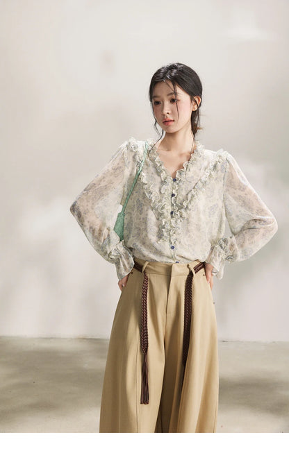 Women's Light Blue Paisley Print Ruffle Blouse V-neck Sheer Long Sleeve Chiffon Shirt Casual Summer Wear MXF13X2549