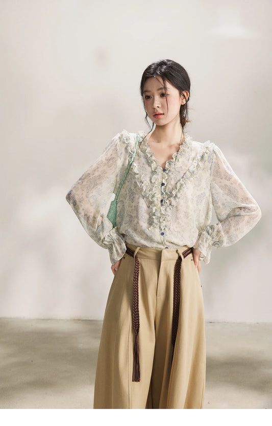 Women's Light Blue Paisley Print Ruffle Blouse V-neck Sheer Long Sleeve Chiffon Shirt Casual Summer Wear MXF13X2549