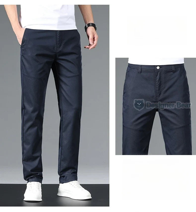 Brand Clothing Spring Summer Men's Casual Pants 97%Cotton Straight Solid Color Business Leisure Long Trousers Khaki Grey Blue