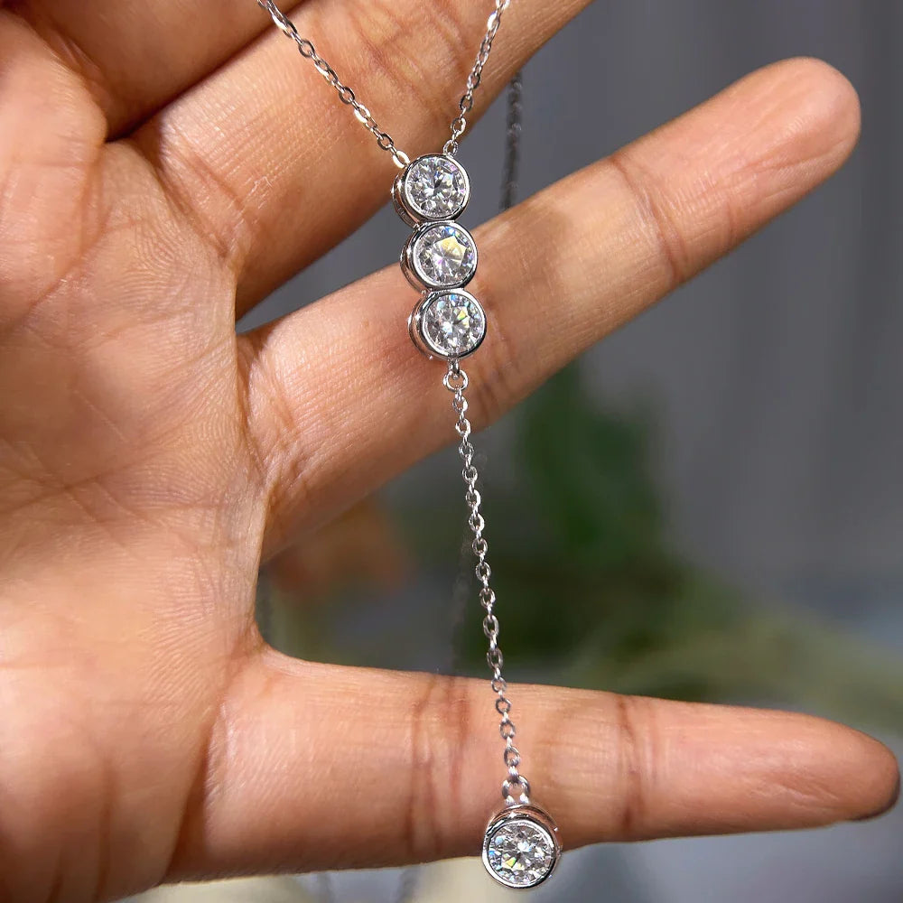 3/5mm Round Bubble Bezel Set Moissanite Diamond Pendant Necklace for Women 925 Sterling Silver Y-Shape Long Tassel Neckchain