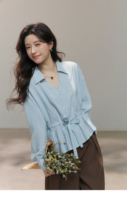 Women's Light Blue Lyocell Shirt 2026 Spring Polo Neck V-neck Belted Waist Shirt Casual Peplum Long Sleeve Top MXF13C2437