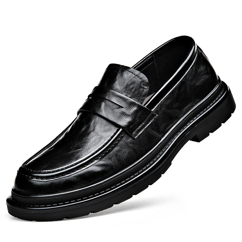 Thick Bottom Leather Shoes Handmade Loafers for Men High Quality Dress Shoes Male Social Masculino Business Botas Para Hombre