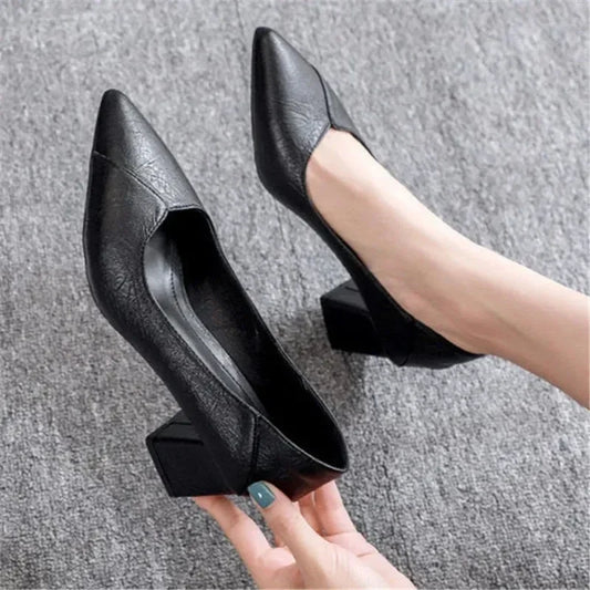 3-5cm Chunky Heeled Women Shoes Square Heel Leather Shoes Pumps Zapatos De Mujer Fashion Designer Office Ladies Single Shoe