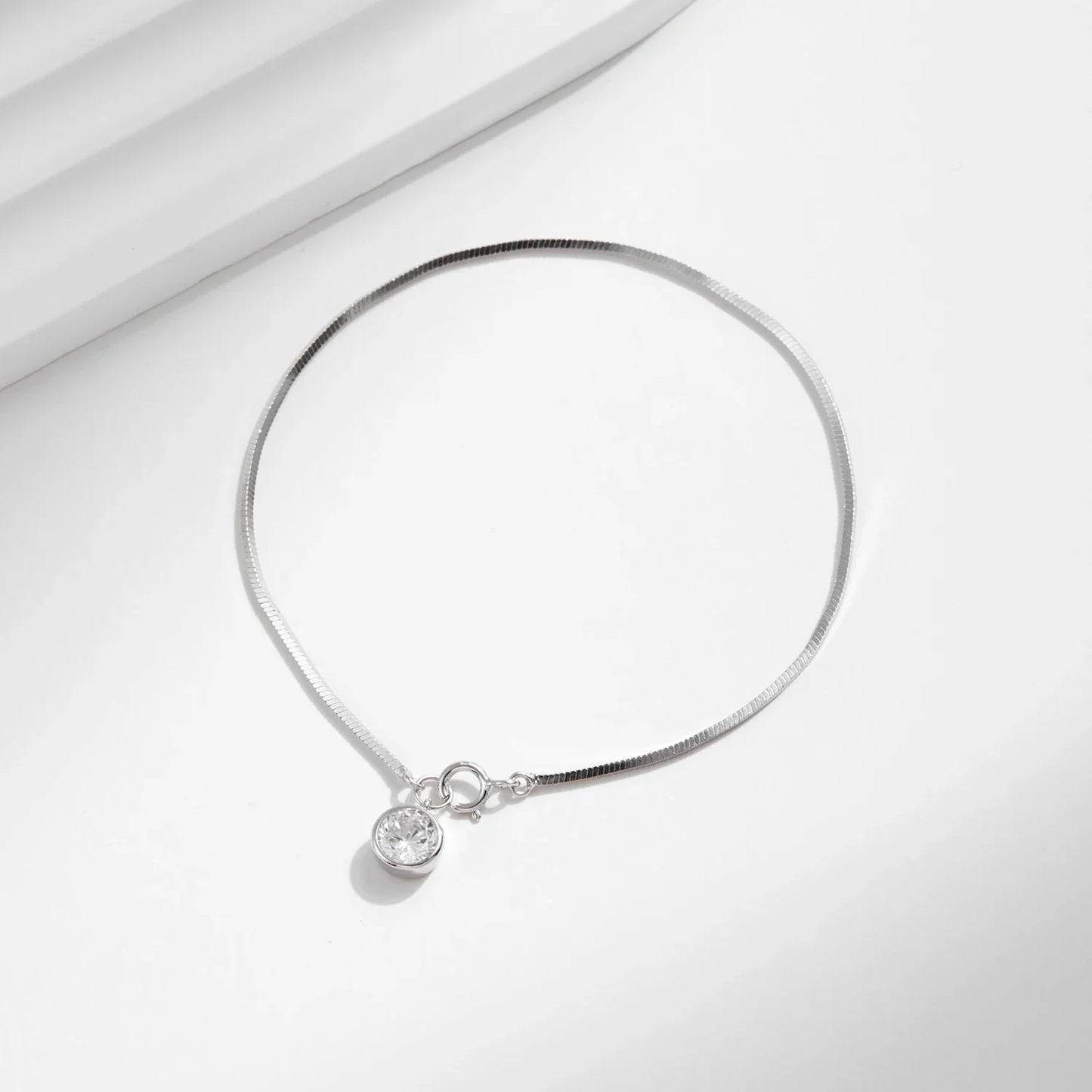 925 Sterling Silver Snake Chain Bracelet White Gold Sparkling Round CZ Charm Dainty Chain Bracelet for Women Jewelry