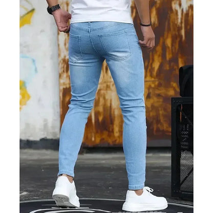 Men Narrow Leg Jeans Male Straight Leg Slim Pencil Denim Pants Classic Casual Daily Stretch Skinny Trousers
