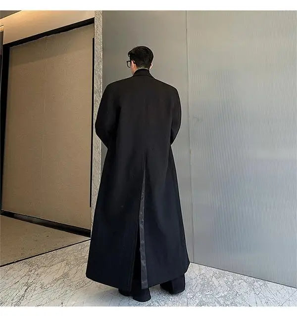 Spring Autumn Extra Logn Black Oversized Flowy Soft Trench Coat for Men with Back High Slit Loose Casual Overcoat