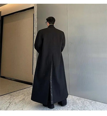 Spring Autumn Extra Logn Black Oversized Flowy Soft Trench Coat for Men with Back High Slit Loose Casual Overcoat