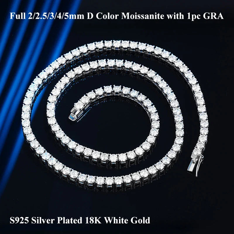 2/2.5/3/4/5mm Full D Color VVS1 Moissanite Tennis Necklace for Woman Man 925 Silver GRA Certified Party Bridal Neck Chain