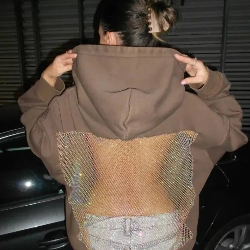 Women Transparent Mesh Hoodie Fashion Hollow Pullover Lightweight Long Sleeve Sweatshirt for Daily and Streetwear Style