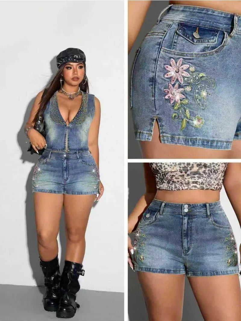 Casual Daily Plus Size Blue Embroidered Denim Shorts 2026 Summer Y2K American Streetwear Thin Korean Split Hem Womens Shorts