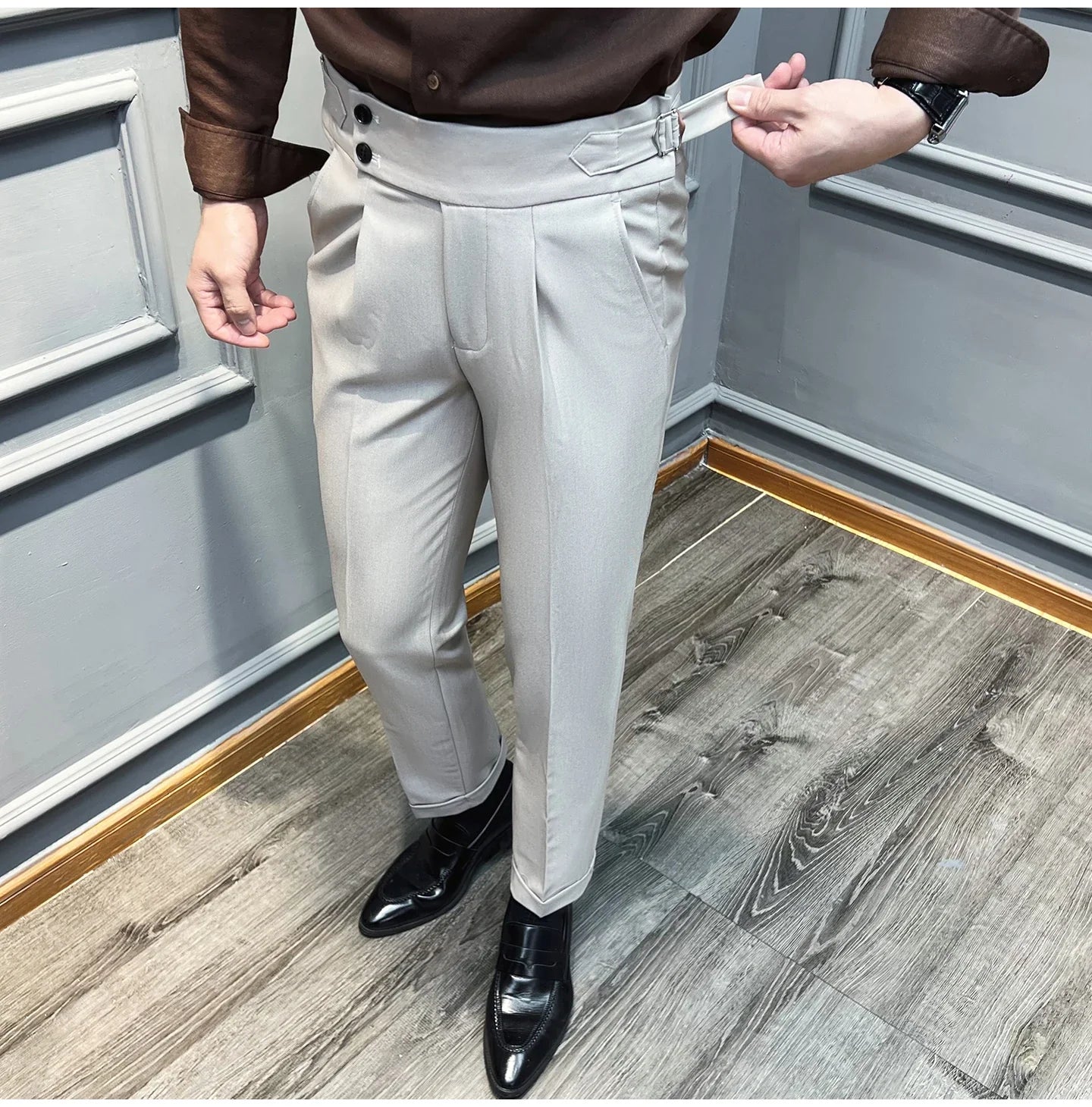Italian Style Naples High Waisted Straight Pants Men High Quality Solid Color Business Casual Formal Office Social Suit Pants