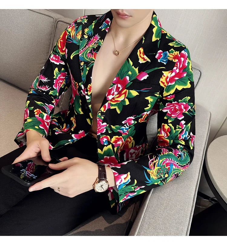 2026 Thin Men's Black Printed Suit Jacket, Asian Size V-Neck Single Button Blazer, Red Nostalgic Style Long Sleeve Cotton Coat.