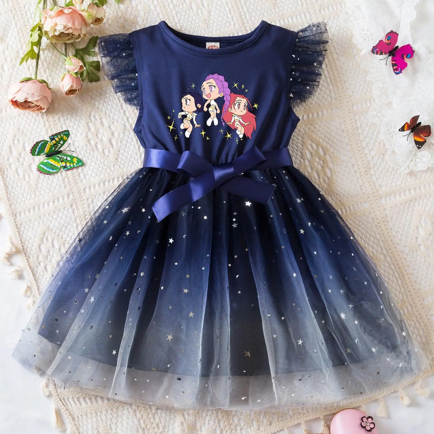 K-Pop Hunters Zoey Rumi Girls Sequin Tutu Dress with Bow Flutter Sleeves Summer Princess Party Outfit for Toddler Kids 2-6Y