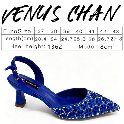 2026 New INS Italian Design Blue Rhinestone Pointed Toe High Heels with Matching Handbag Set Elegant Wedding & Party for Women