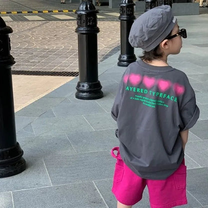 Cotton Heart Print Boys Short Sleeve T-Shirt Summer Toddler Loose Fit Baby Handsome 3-6 Years Top