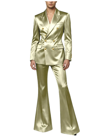 Men's Double Breasted Satin Suit Set 2 Piece Notch Lapel Gold Button Blazer Flare Pants Formal Wedding Prom Party Groom Outfit