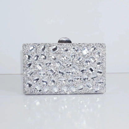 Ladies' high-end sparkling metal box shaped dinner bag, luxurious and fashionable metal strip decoration evening dress bag