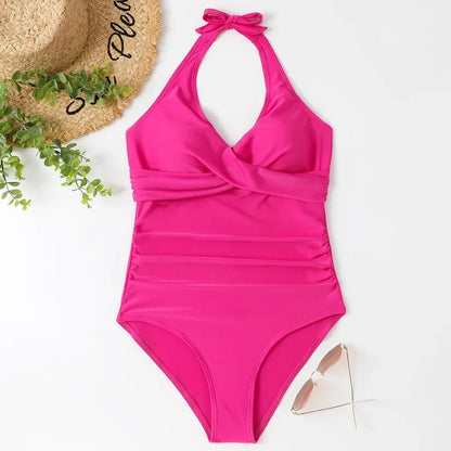 S - XXL Wrinkled Halter V Neck One Piece Swimsuit Women Swimwear Female Monokini Backless Bathing Suit Swim Beachwear Bodysuit