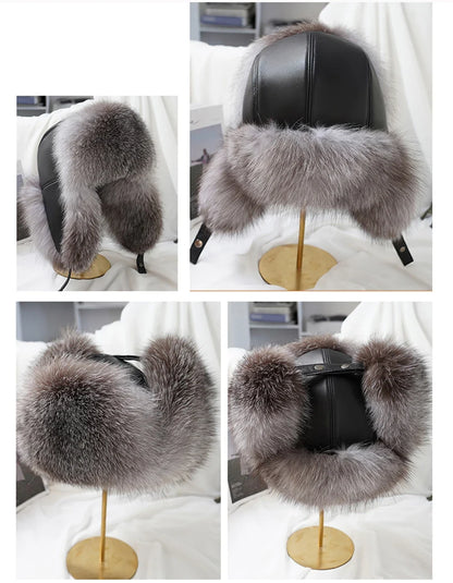 Winter Cap Man 100% Real Sliver Fox Fur Bomber Hat Men's Raccoon Fur Hat Ushanka Cap Trapper Russian Ski Caps Hats Real Fur Hat