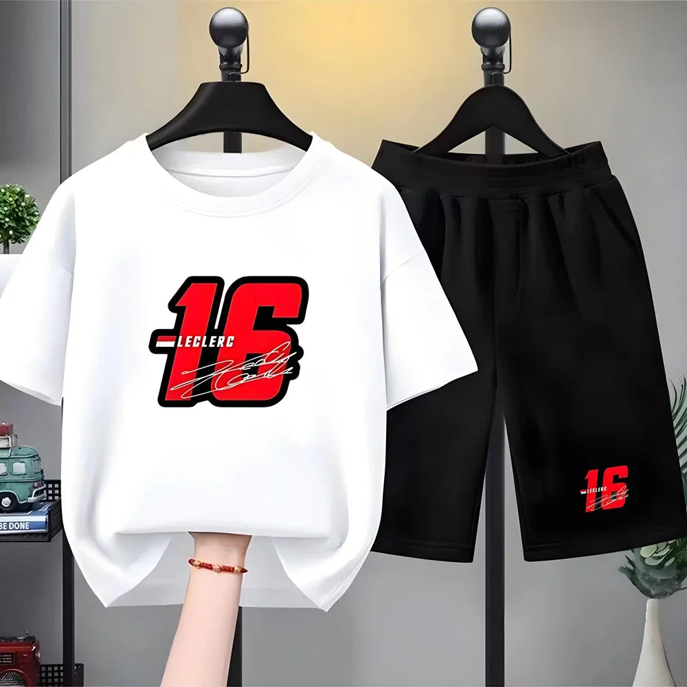 Summer Kids T-Shirt White Round Neck Tops+Shorts Boy Girl Charles Leclerc Racing Car No. 16 Clothing Sets Casual Cool Tees