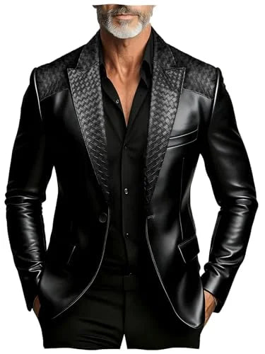 Men's Faux Suede Jacket with PU Leather Collar & Shoulder Two-Tone Blazer Contrast Trim Coat