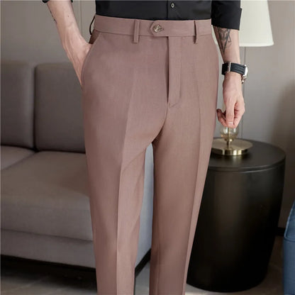 2024 New Men's Slim Fit Tapered Dress Pants Apricot Pearlescent Texture Business Casual Suit Trousers Spring Clothes