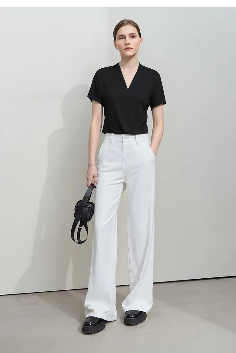 Minimalism 2026 Summer Women's T-shirt Classic Style Casual V-neck Short Sleeve Solid Stretch Female Tops & Tees 12612011