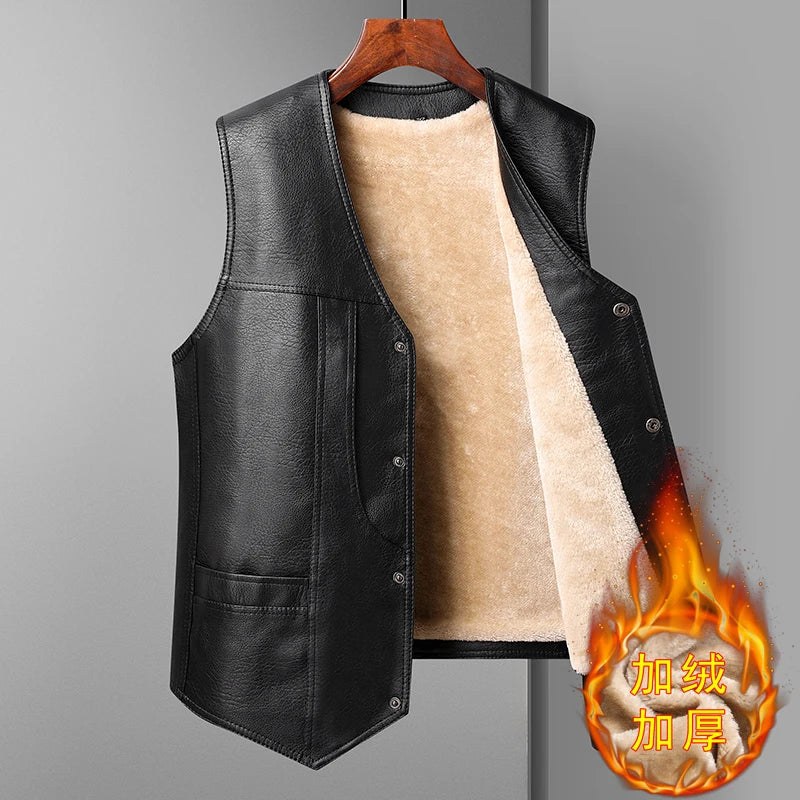 2024 Winter Men Thick Warm Fleece Leather Vest Coat  Male V-Neck Single Breasted Vest Casual Male Clothing Outerwear