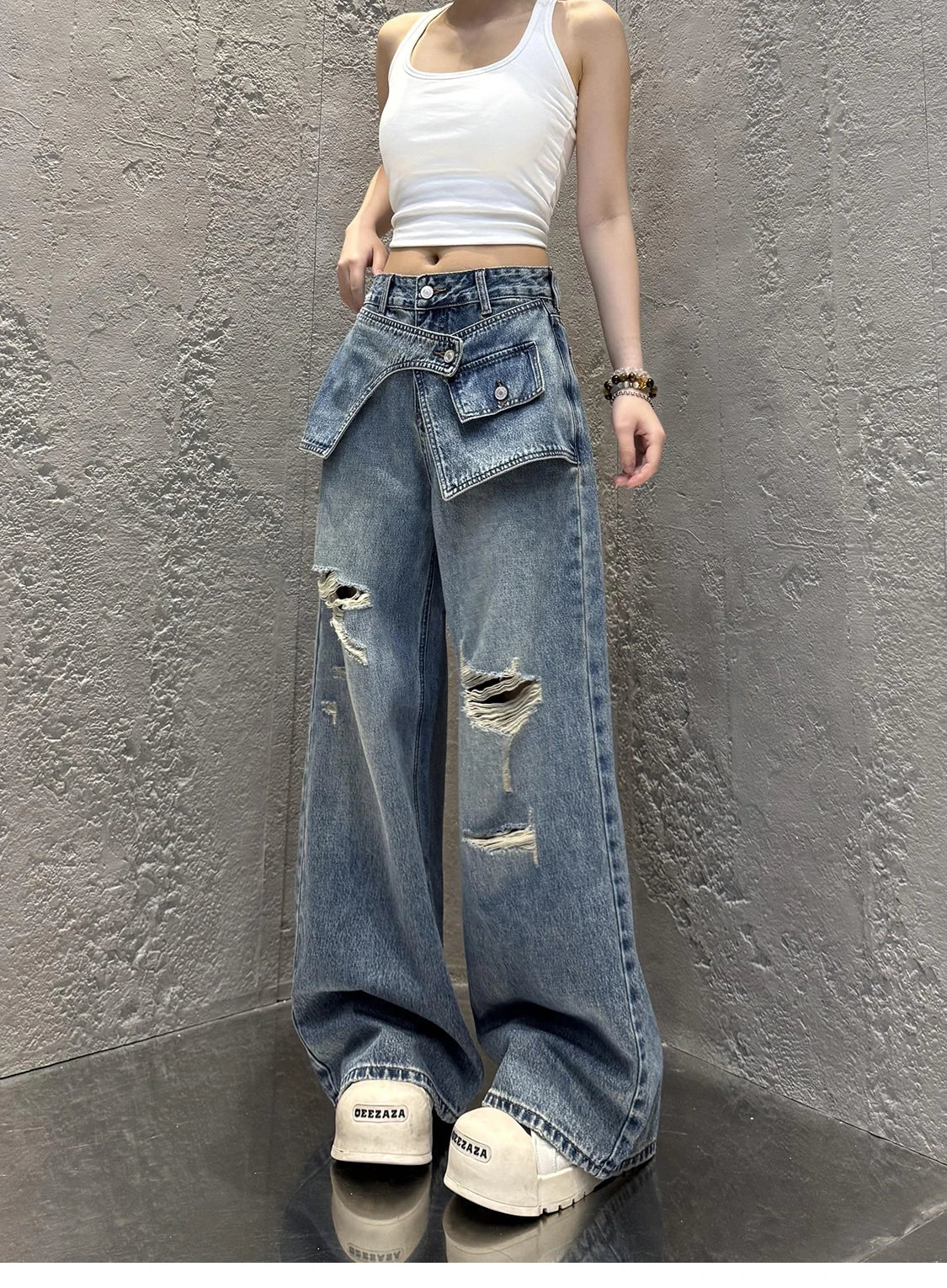 Streetwear Harajuku Jeans for Women Pantalones Vaqueros Mujer Chic Fake Two Denim Trousers Casual Straight Y2k Wide Leg Pants