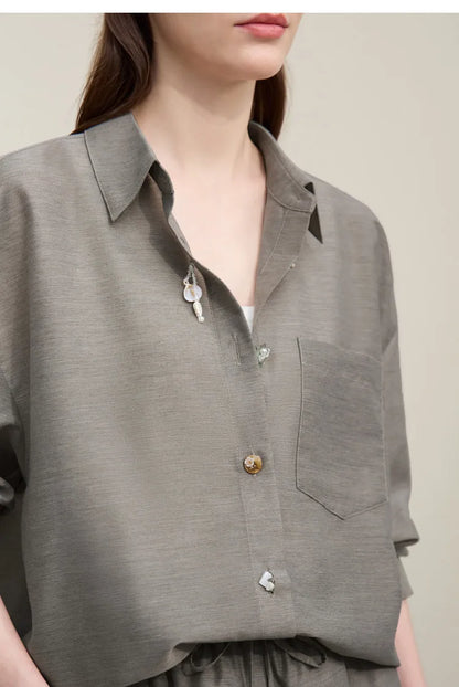 Women's Casual Shirts 2026 Summer New Holiday Style Separate Shorts Long Sleeve Top Single Loose Solid Shorts 12652027