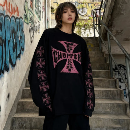 American Style Streetwear Quality Waffle Fabric Printed Tops Oversized Long Sleeves Tee 100%Cotton Vintage T Shirt Men Woman