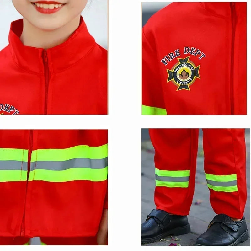 Kid Red Firefighter Costume with Reflective Stripes Zipper Suit Includes Fire Toy Set for Holiday Cosplay Dress Up Party Cosplay